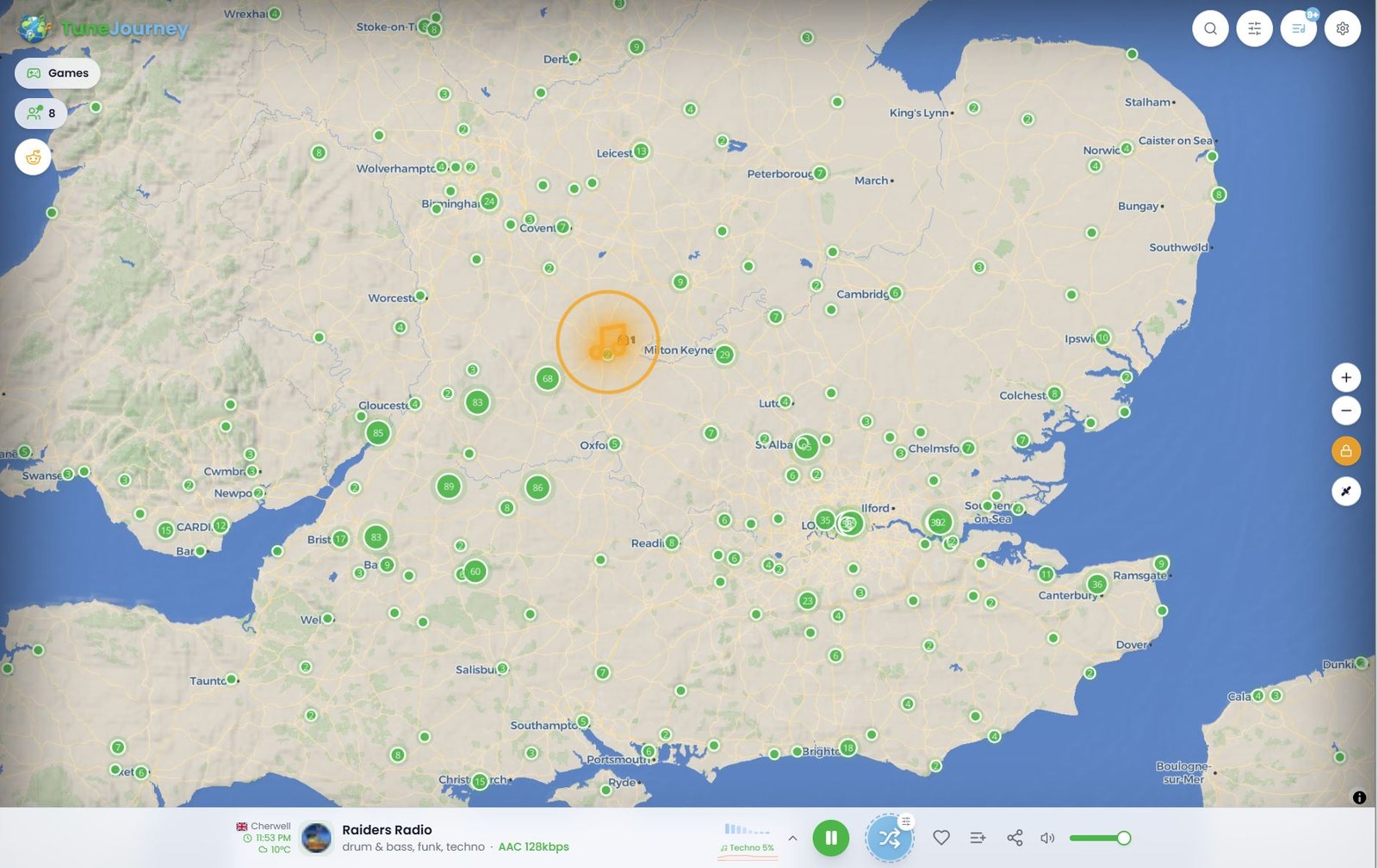 TuneJourney interactive map zoomed into the UK showing radio station pins by city